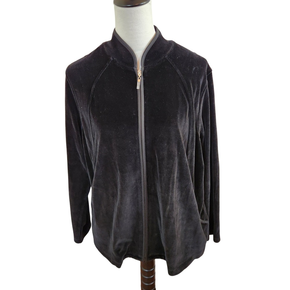 Talbots Womans Petite Black Velvet Zip Up Bomber Jacket Track Jacket 2X Sporty